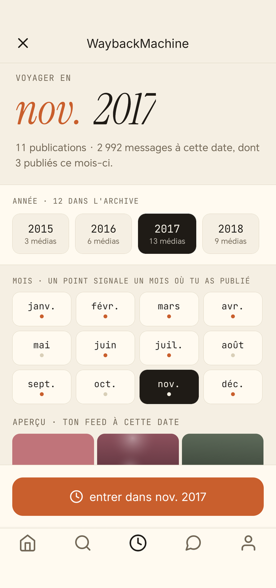 Le sélecteur de la WaybackMachine : les années présentes dans l'archive et les mois habités.